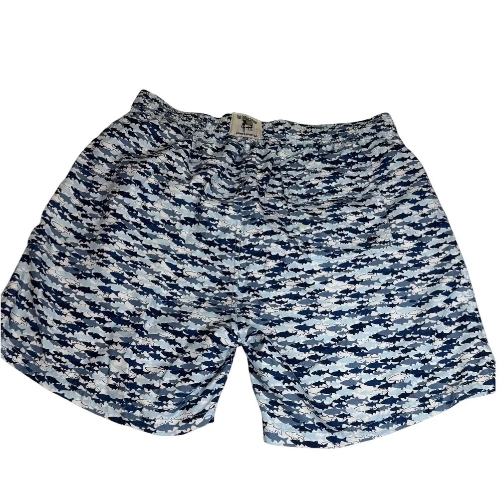 The Endless Summer Men Blue Shark Print Swim Trunks XXL Elastic Waist 6in Inseam